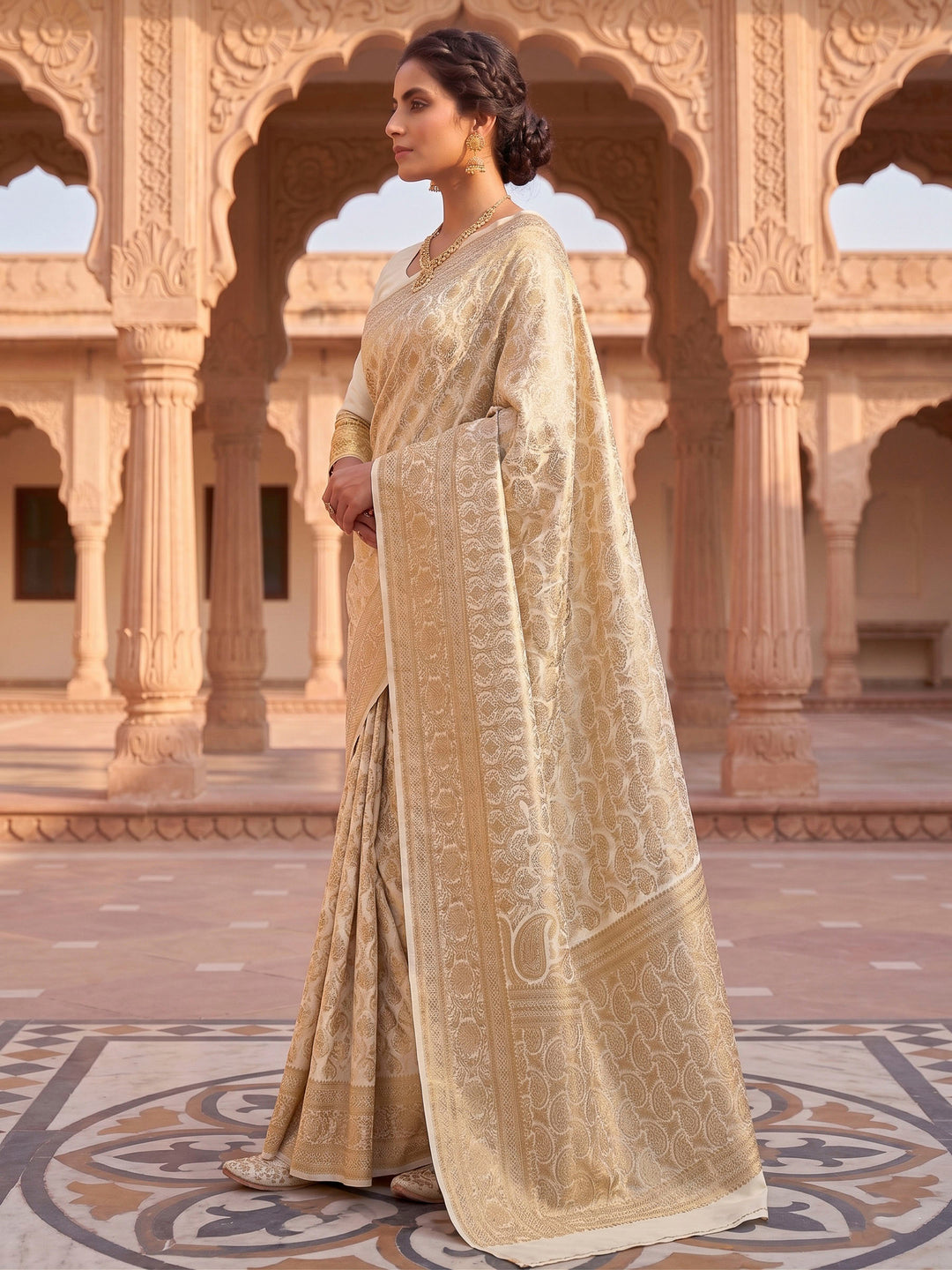 Off White Woven Design Art Silk Kanjivaram Saree