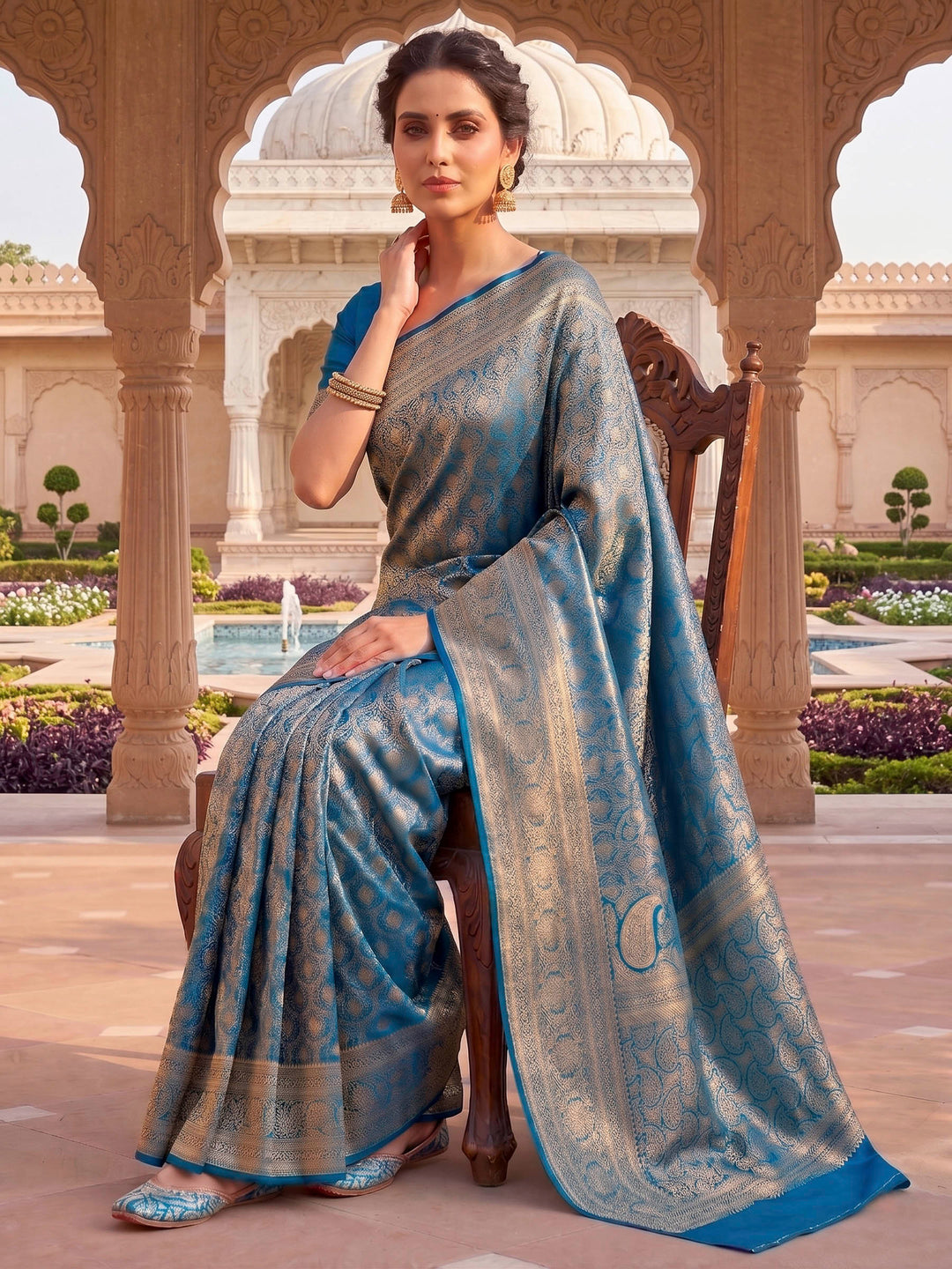 Peacock Blue Woven Design Art Silk Kanjivaram Saree