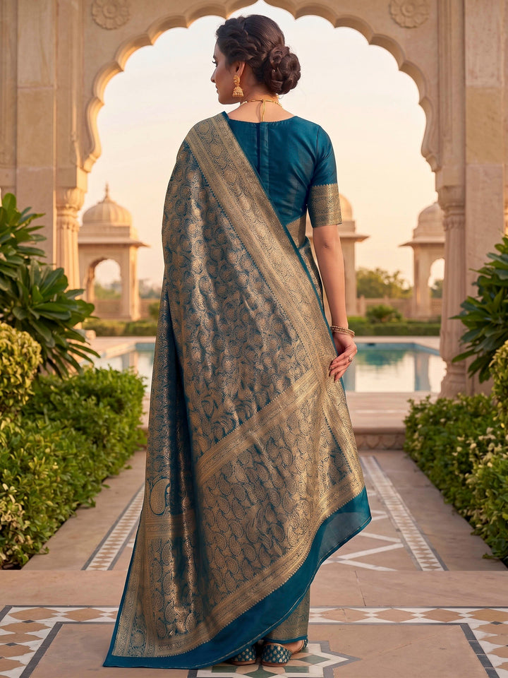 Peacock Blue Woven Design Art Silk Kanjivaram Saree