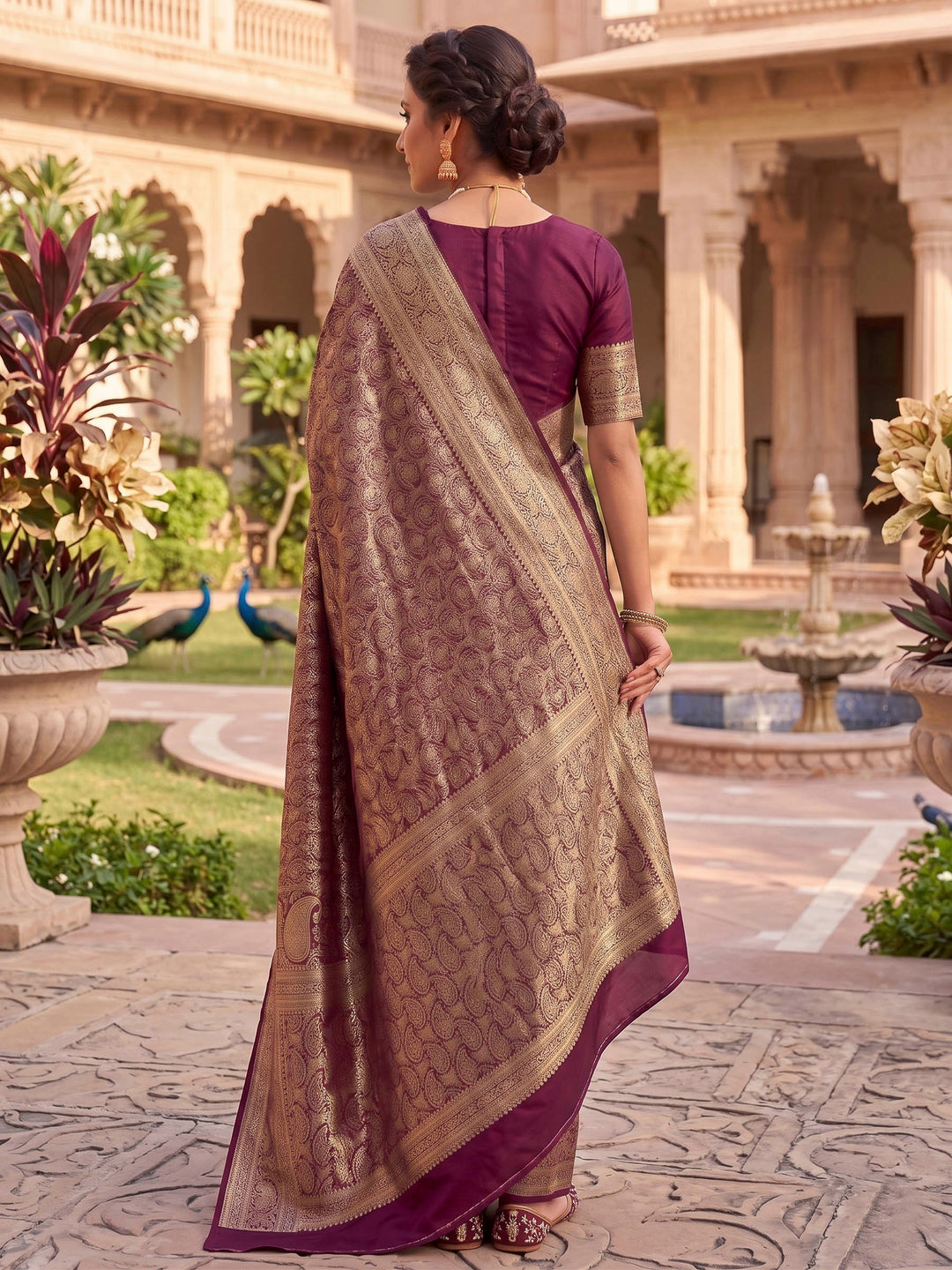 Wine Woven Design Art Silk Kanjivaram Saree