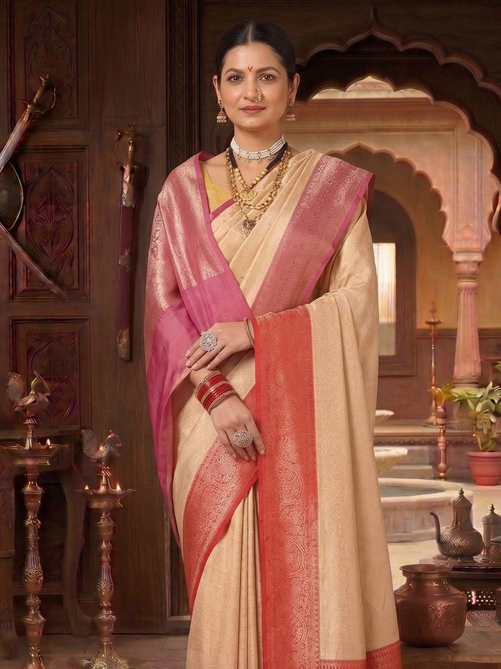 Off White Maroon Woven Design Kanjivaram Brocade Contrast Saree