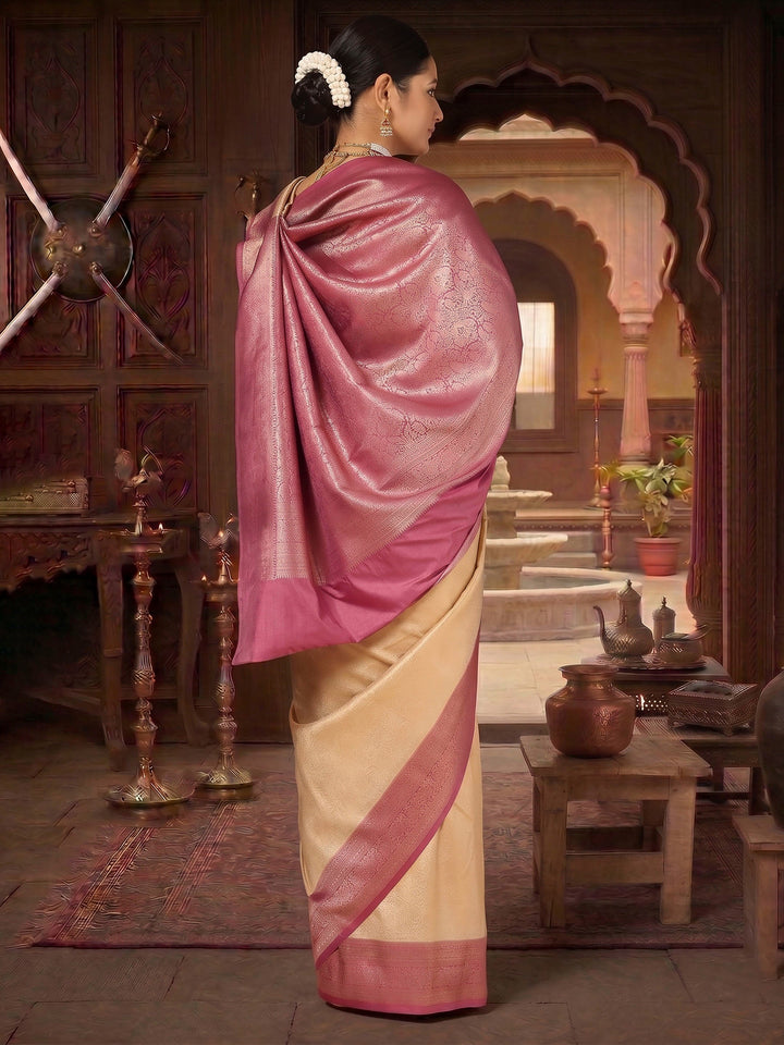 Off White Maroon Woven Design Kanjivaram Brocade Contrast Saree