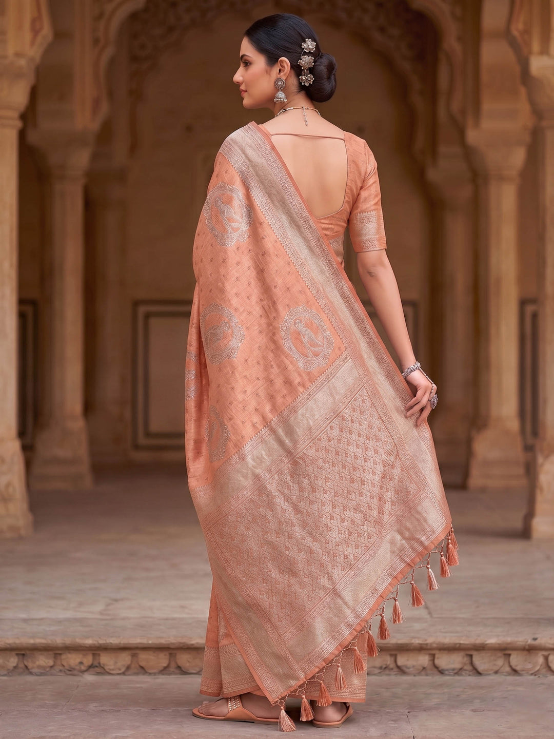 Peach Woven Design Art Silk Kanjivaram Saree