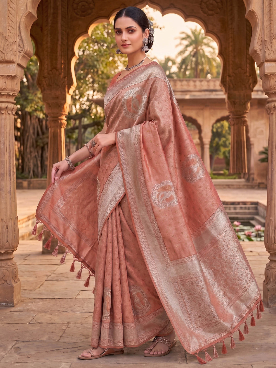 Peach Woven Design Art Silk Kanjivaram Saree