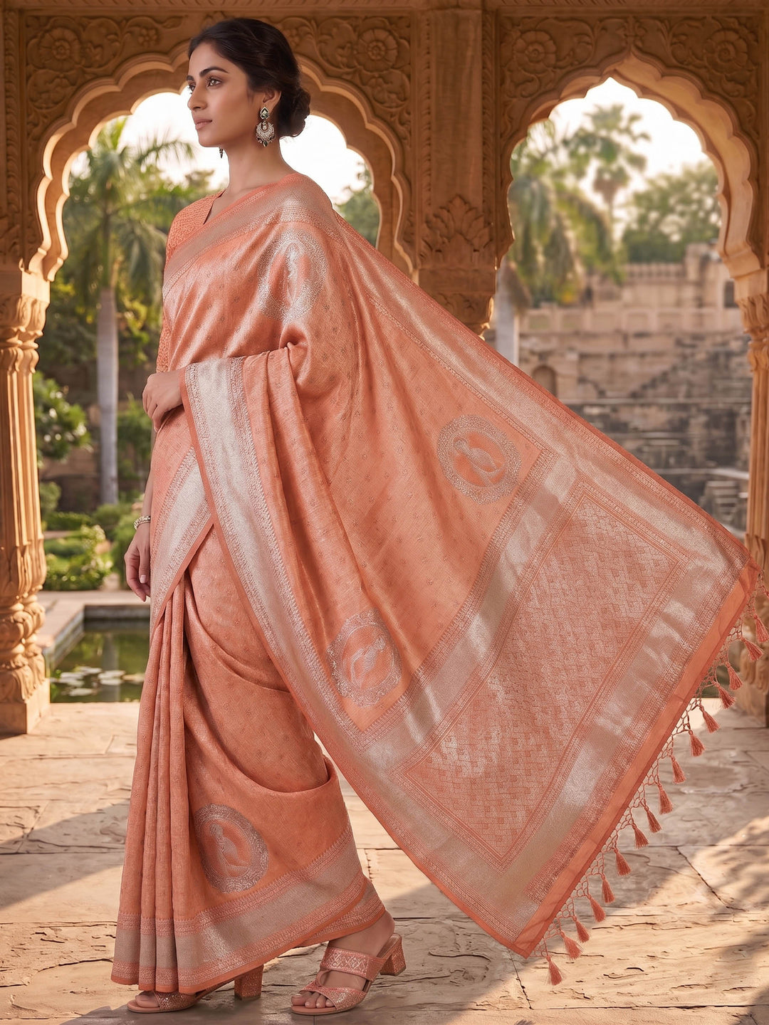 Peach Woven Design Art Silk Kanjivaram Saree