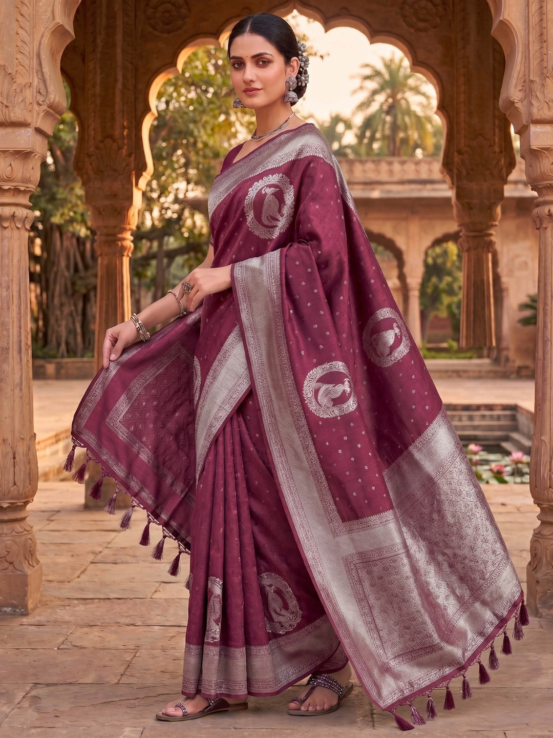 Wine Woven Design Art Silk Kanjivaram Saree