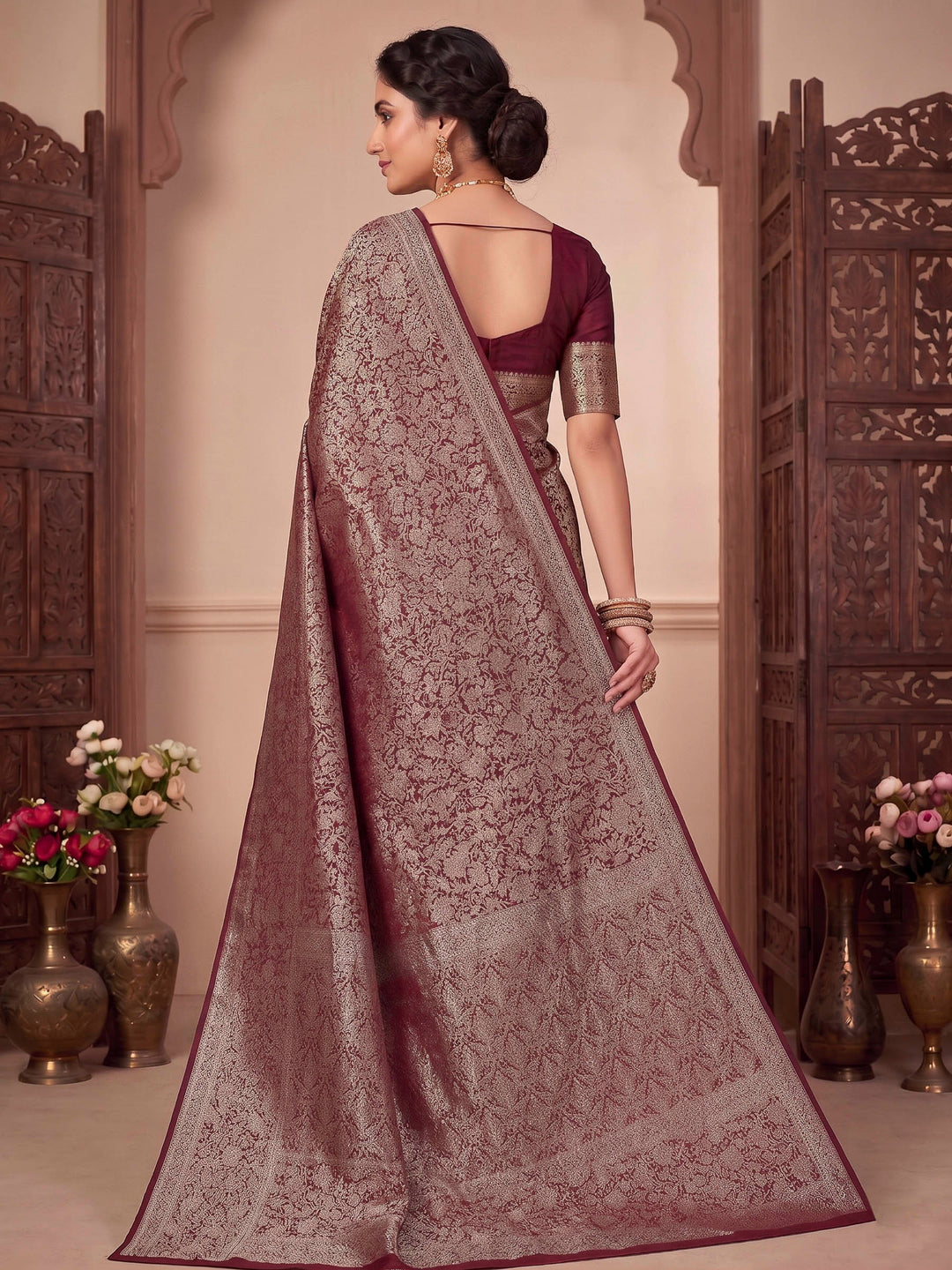 Wine Woven Design Art Silk Kanjivaram Saree