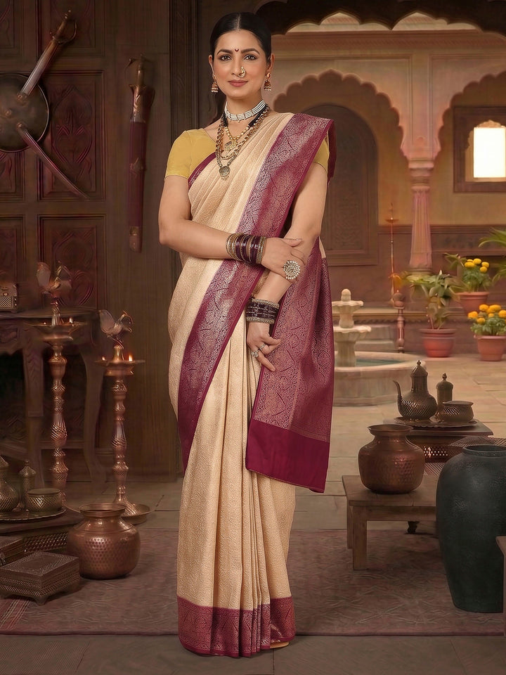 Off White Lavender Woven Design Kanjivaram Brocade Contrast Saree