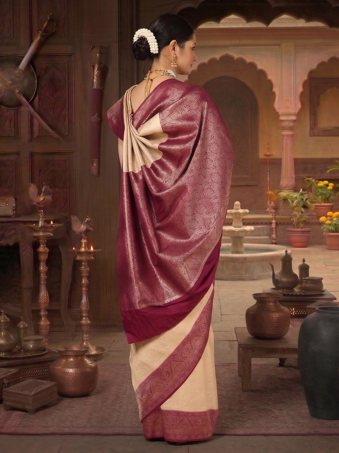 Off White Lavender Woven Design Kanjivaram Brocade Contrast Saree