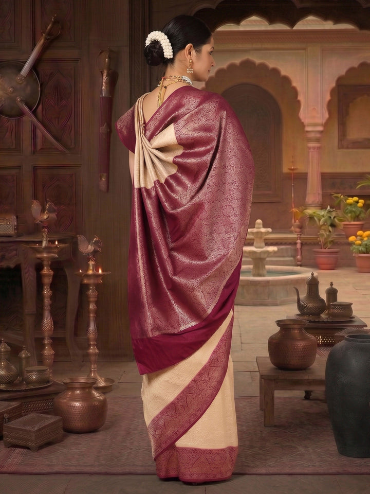 Off White Lavender Woven Design Kanjivaram Brocade Contrast Saree