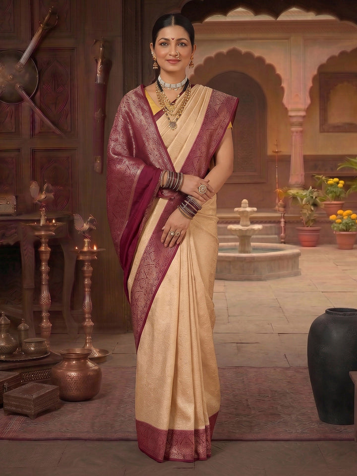Off White Lavender Woven Design Kanjivaram Brocade Contrast Saree