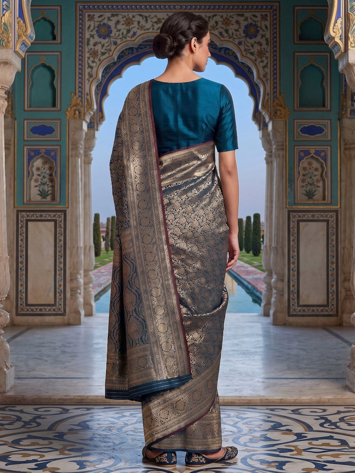 Peacock Blue Woven Design Art Silk Kanjivaram Saree