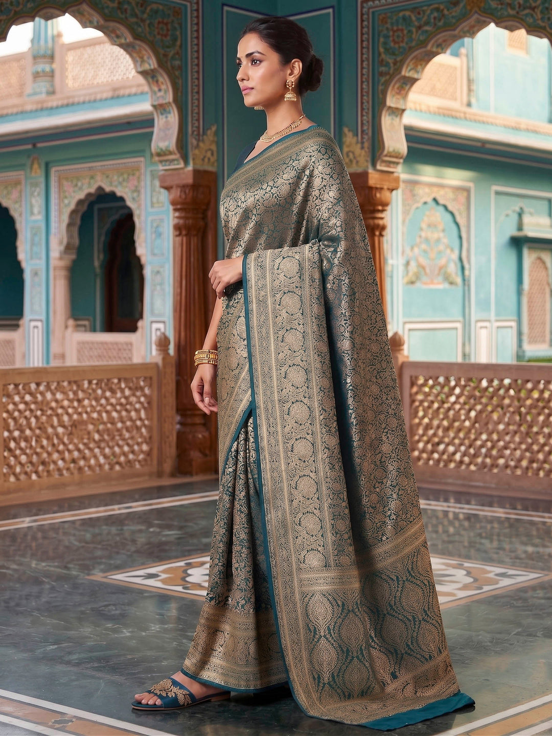 Peacock Blue Woven Design Art Silk Kanjivaram Saree