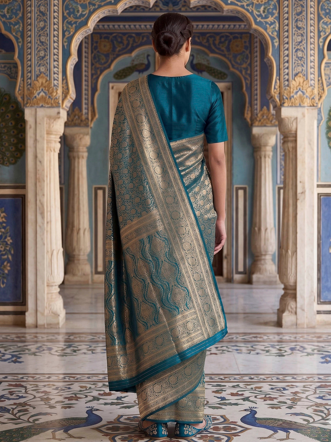 Peacock Blue Woven Design Art Silk Kanjivaram Saree