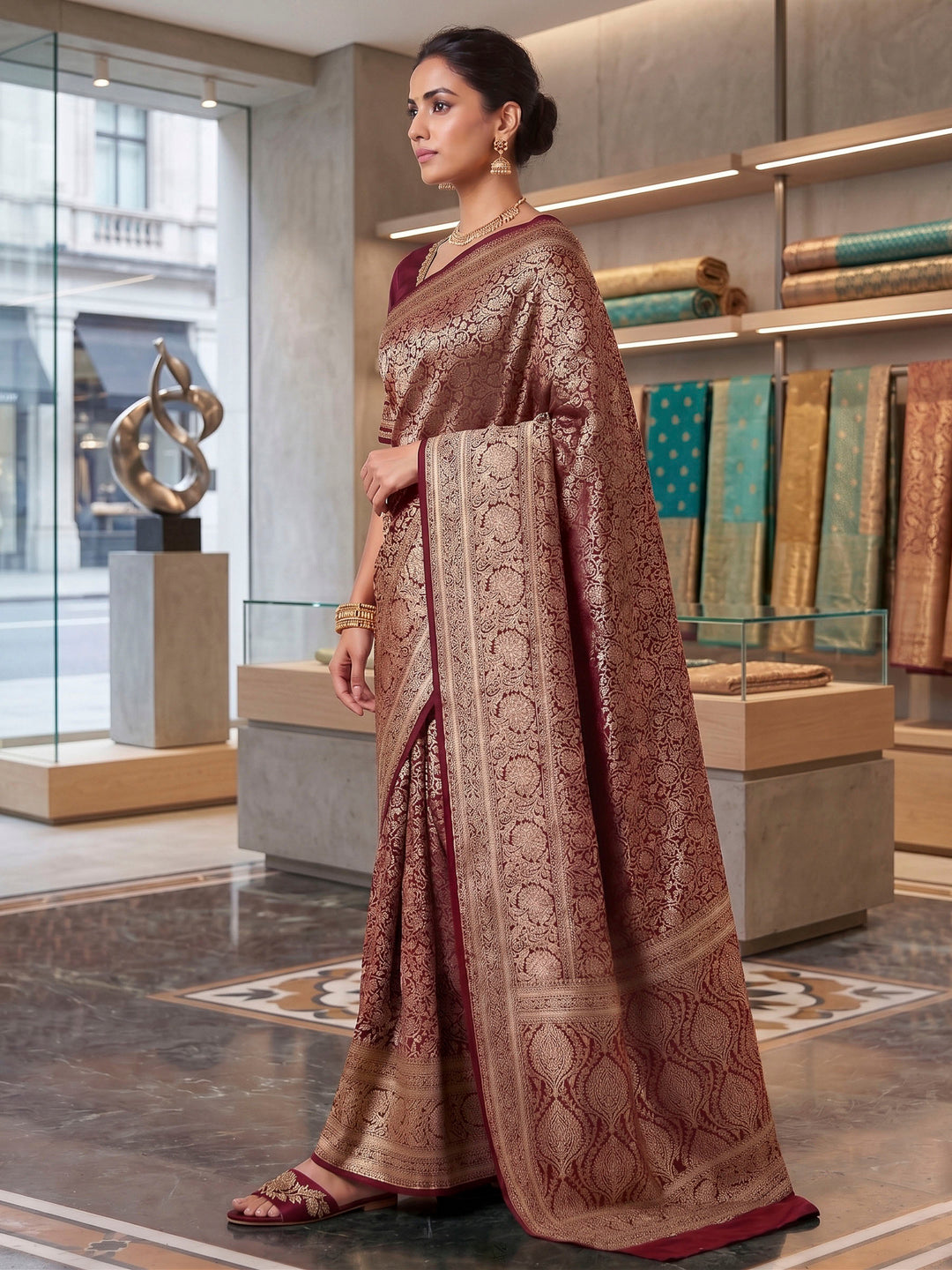 Wine Woven Design Art Silk Kanjivaram Saree