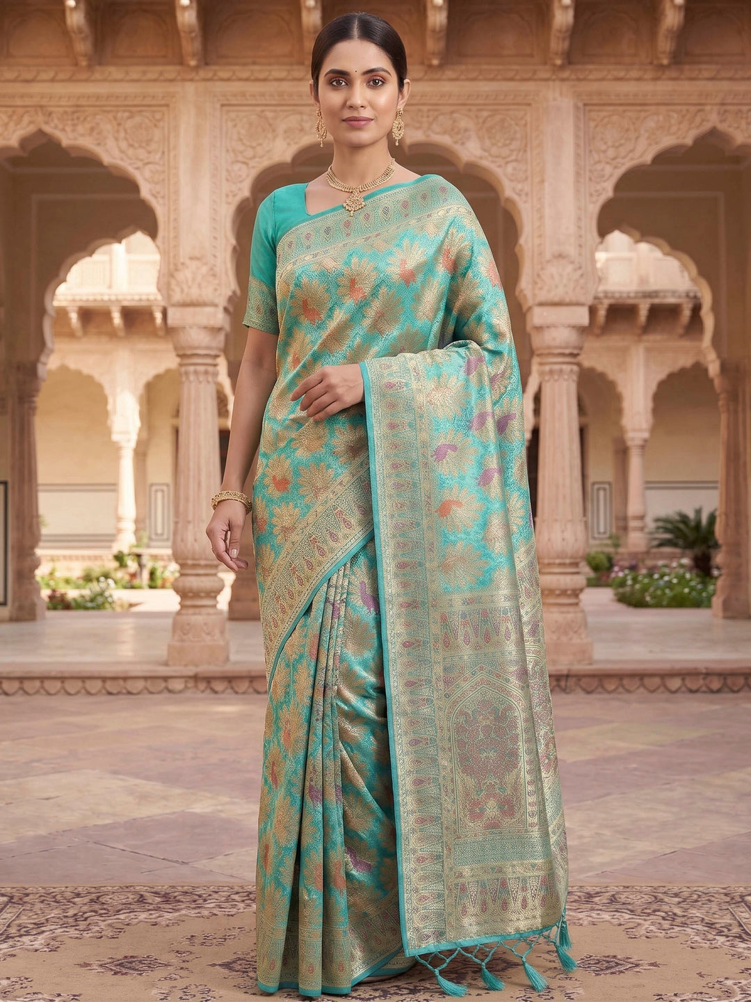 Peacock Blue Woven Design Art Silk Kanjivaram Saree