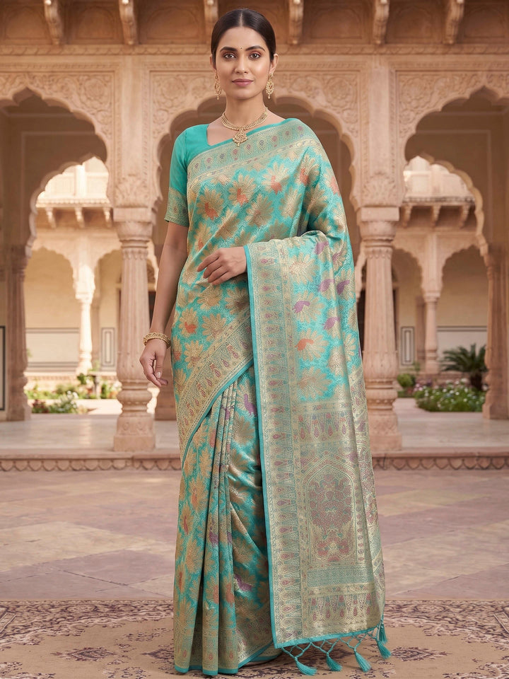 Peacock Blue Woven Design Art Silk Kanjivaram Saree