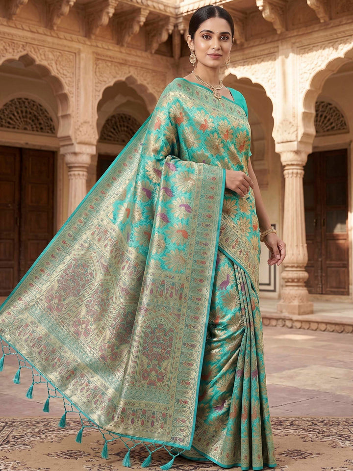 Peacock Blue Woven Design Art Silk Kanjivaram Saree