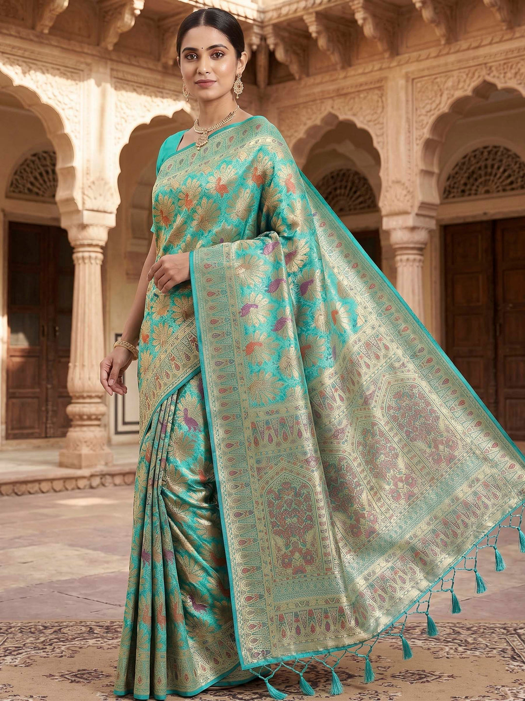 Peacock Blue Woven Design Art Silk Kanjivaram Saree