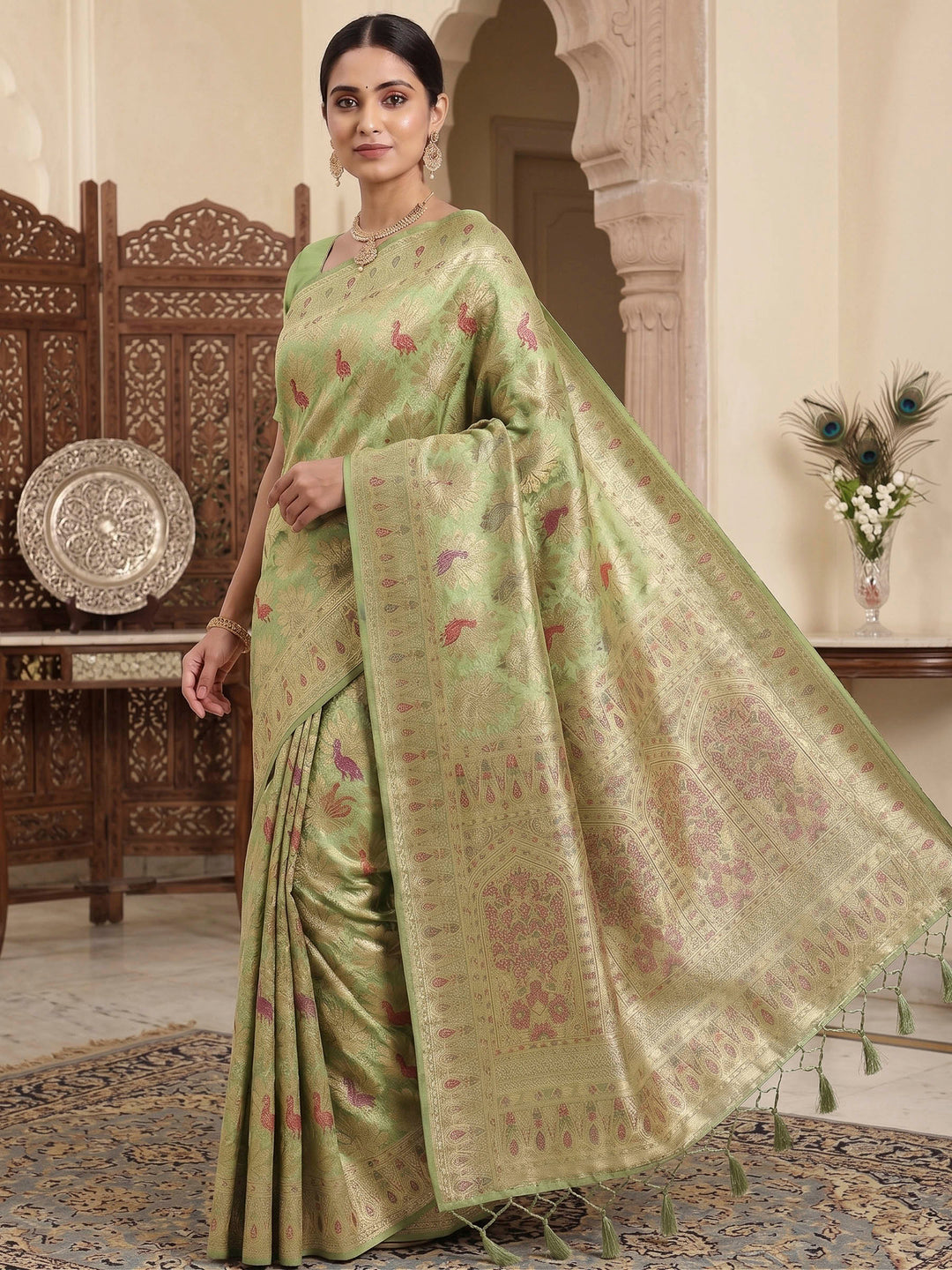 Pista Green Woven Design Art Silk Kanjivaram Saree