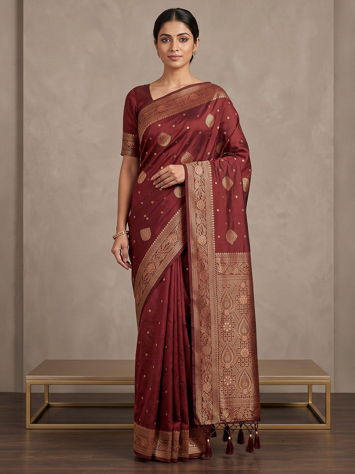 Maroon Woven Design Dola Silk Saree