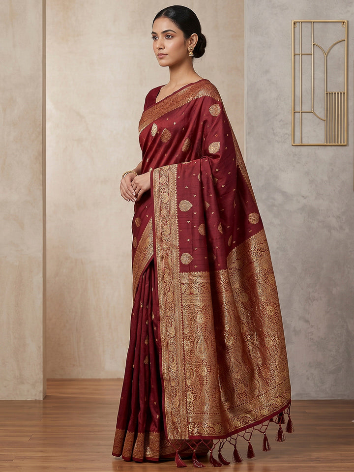 Maroon Woven Design Dola Silk Saree