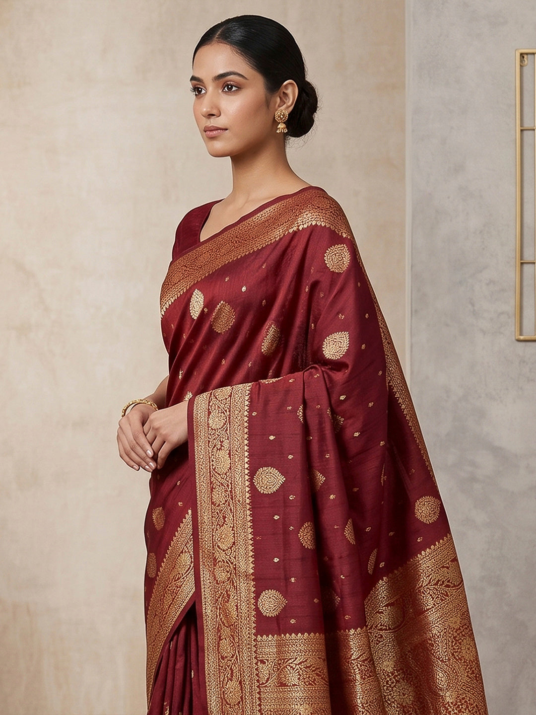 Maroon Woven Design Dola Silk Saree