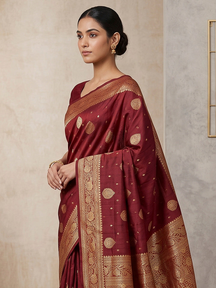 Maroon Woven Design Dola Silk Saree