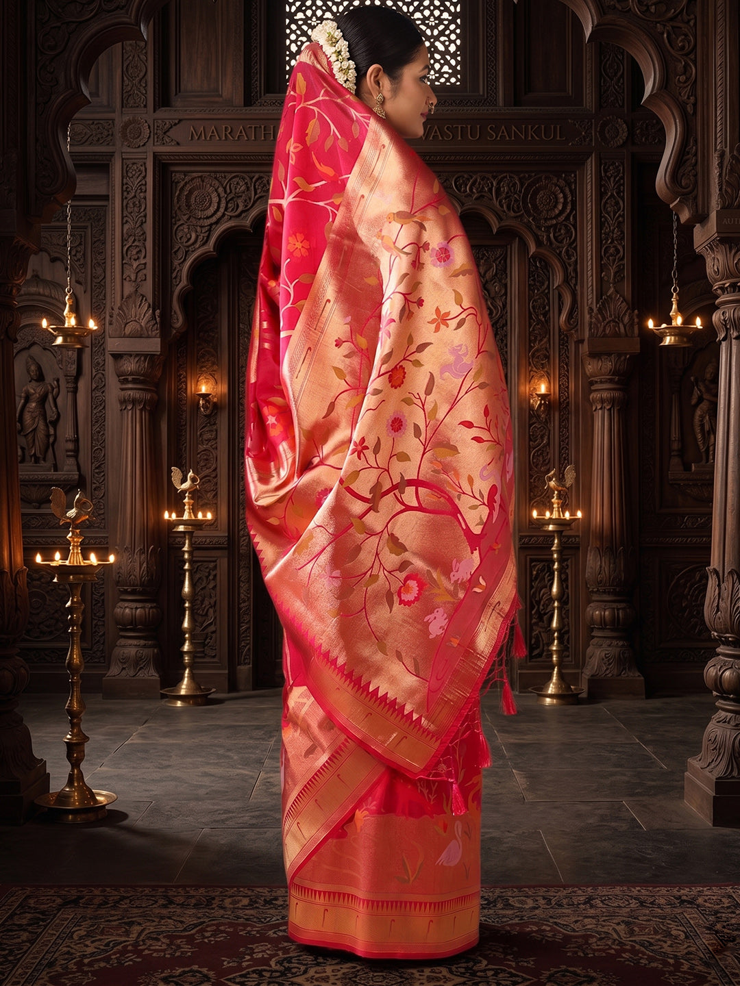 Peach Woven Design Dola Silk Saree