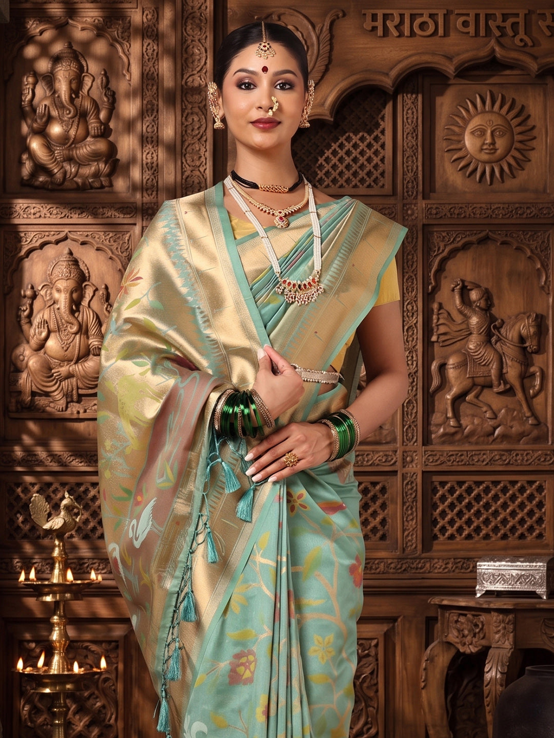 Pista Woven Design Dola Silk Saree