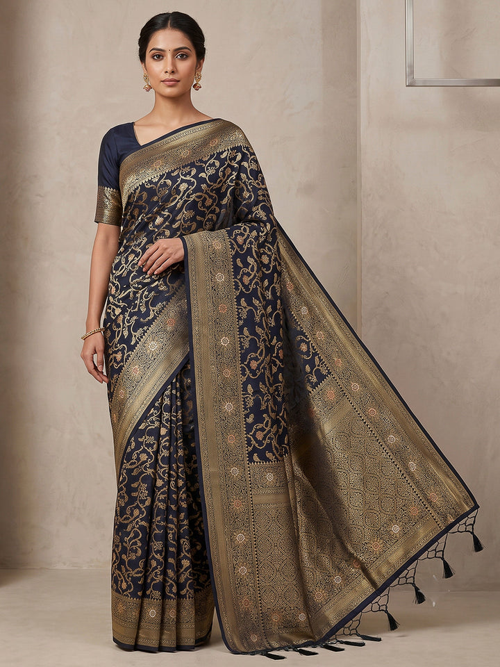 Navy Blue Woven Design Dola Silk Saree