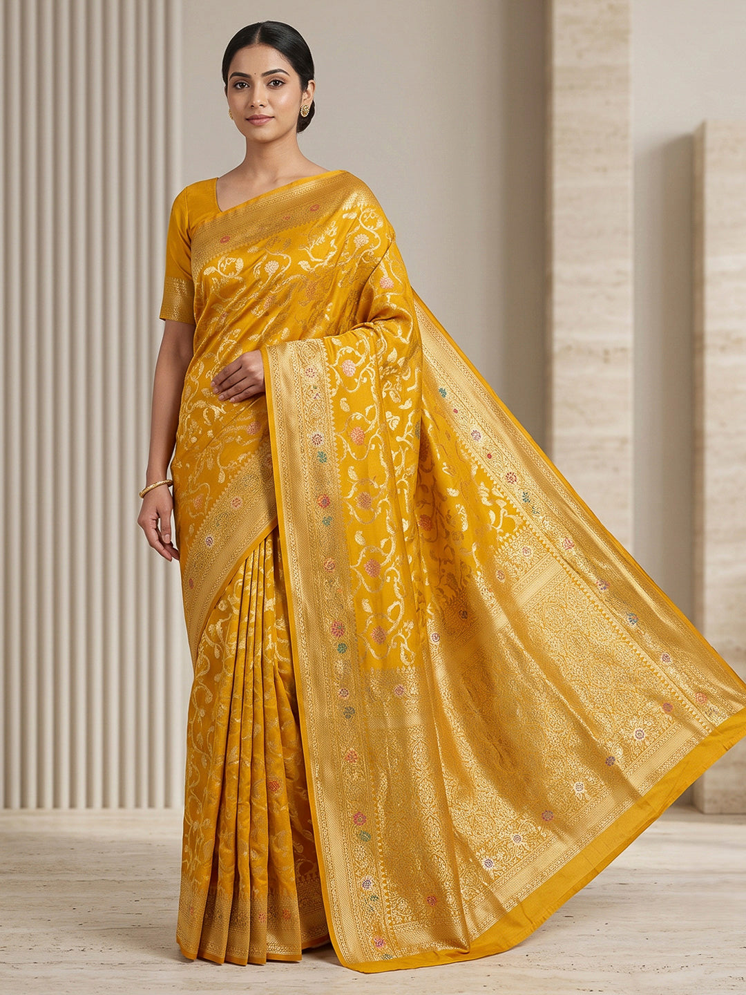 Yellow Woven Design Dola Silk Saree