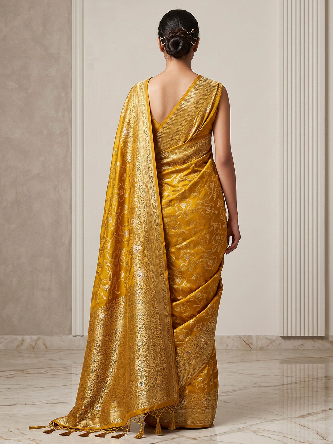 Yellow Woven Design Dola Silk Saree