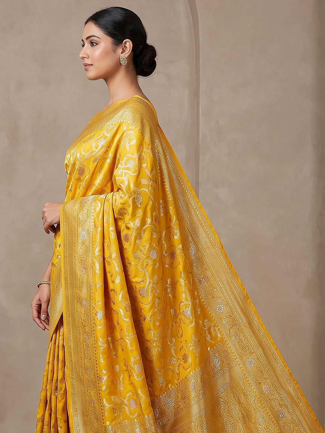 Yellow Woven Design Dola Silk Saree