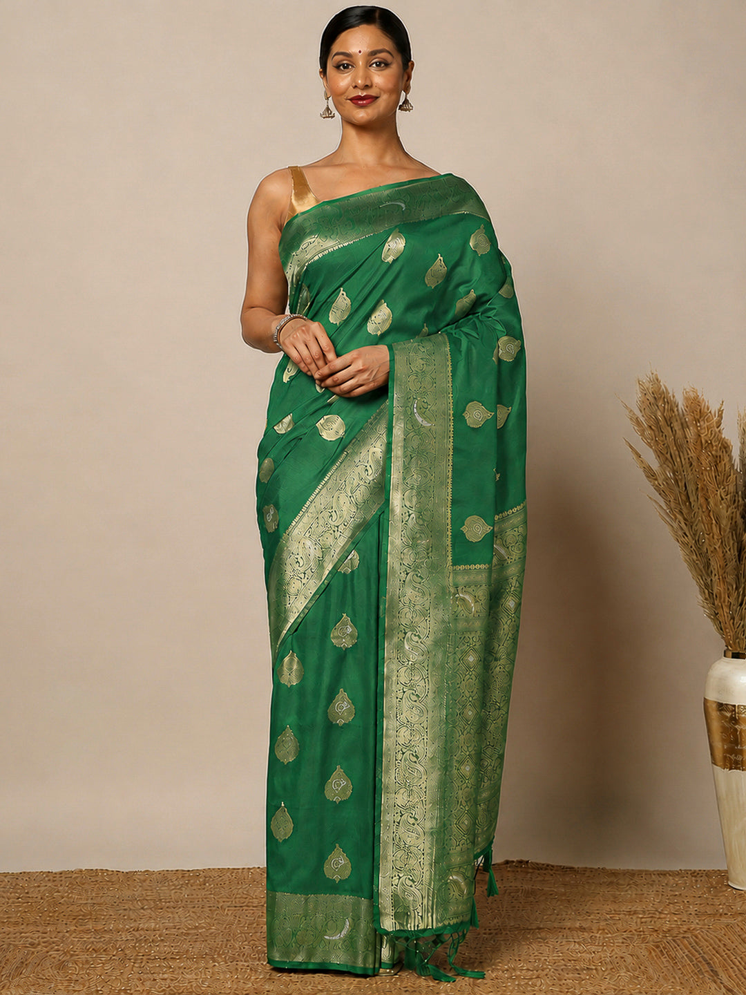 Dull Green Woven Design Dola Silk Saree