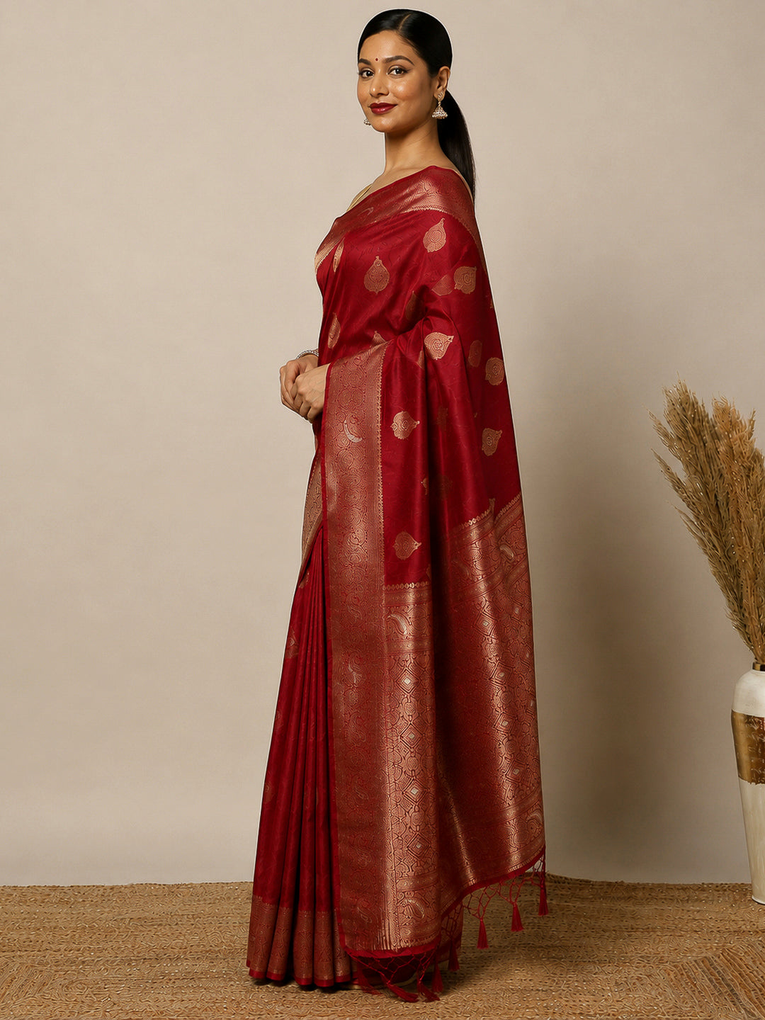 Maroon Woven Design Dola Silk Saree