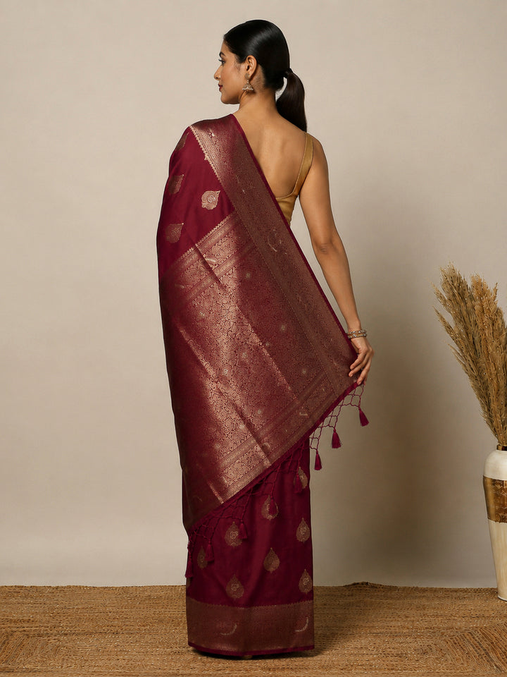 Maroon Woven Design Dola Silk Saree
