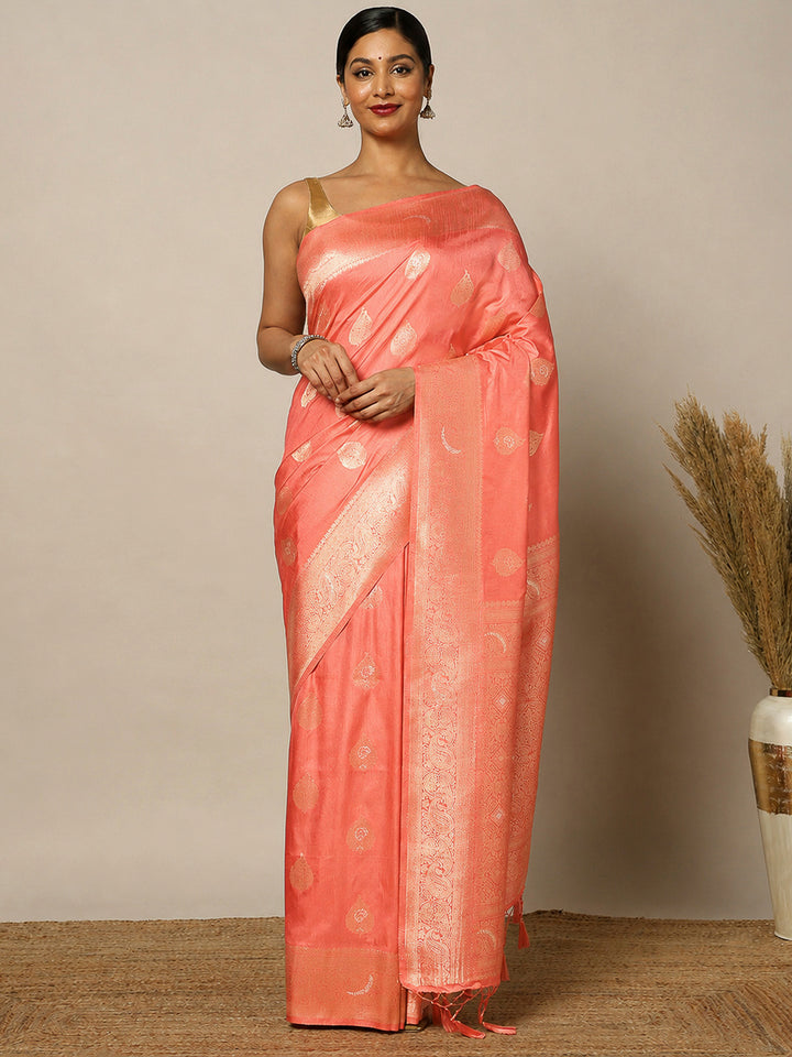 Peach Woven Design Dola Silk Saree