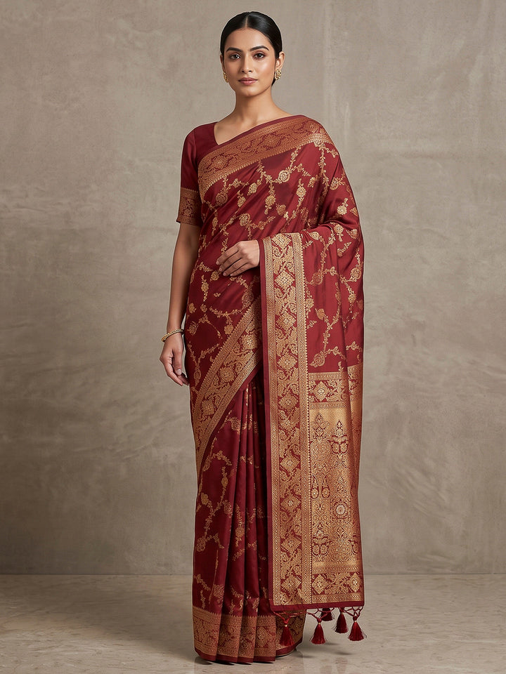 Maroon Woven Design Dola Silk Saree