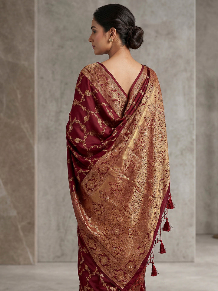Maroon Woven Design Dola Silk Saree