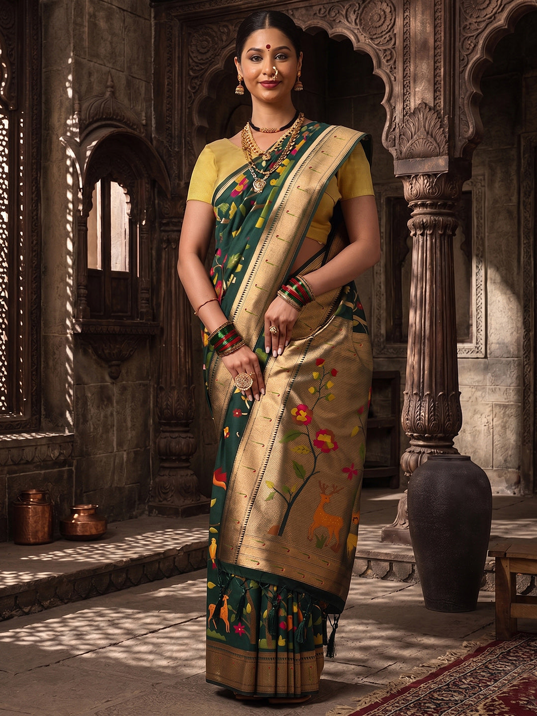Dark Green Woven Design Dola Silk Saree