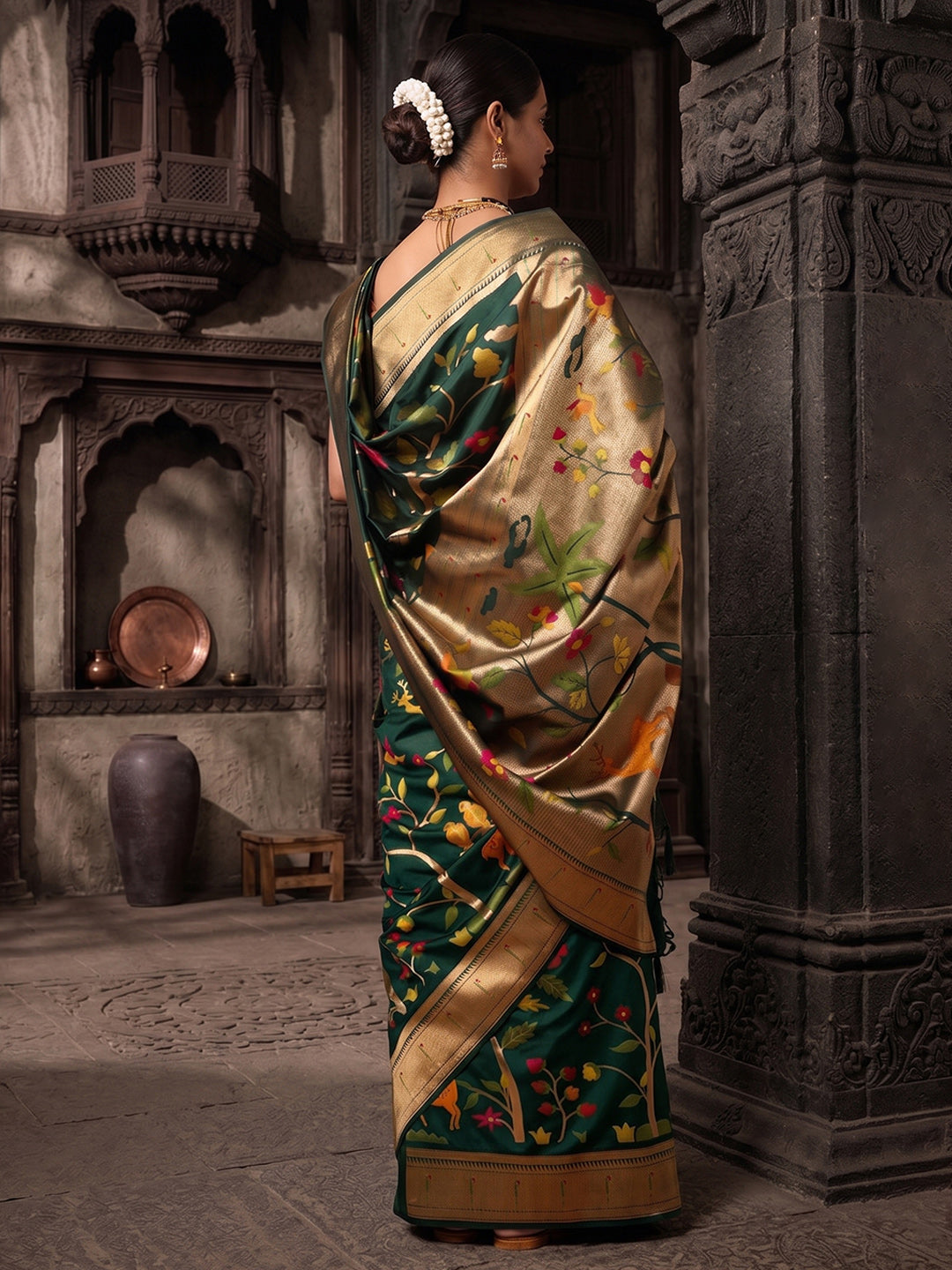Dark Green Woven Design Dola Silk Saree