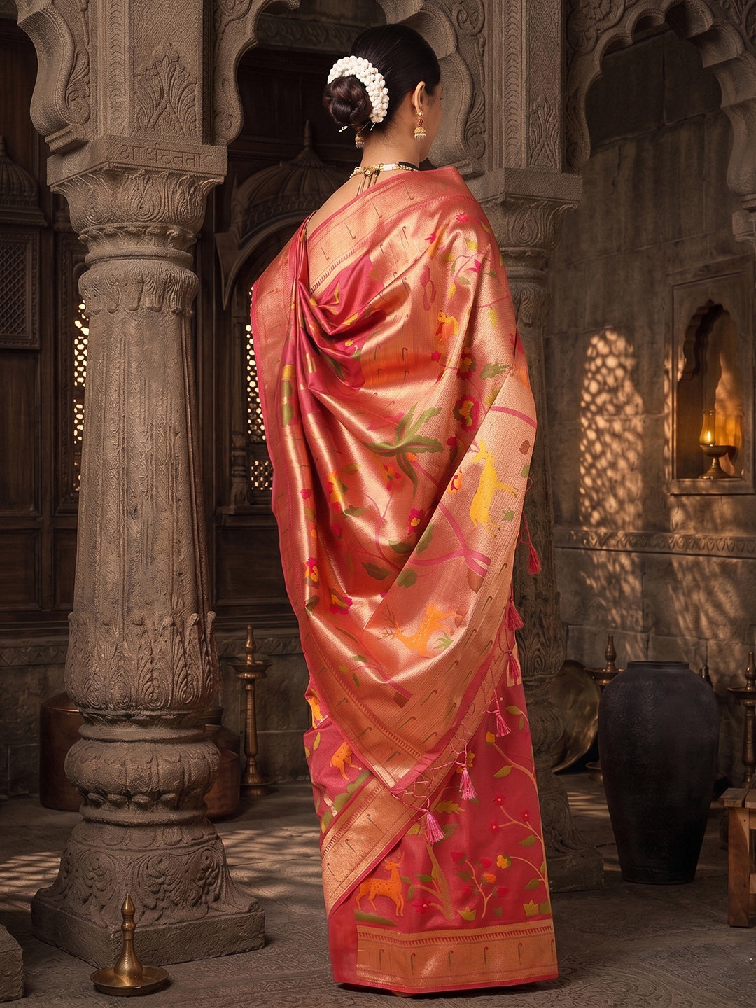 Peach Woven Design Dola Silk Saree