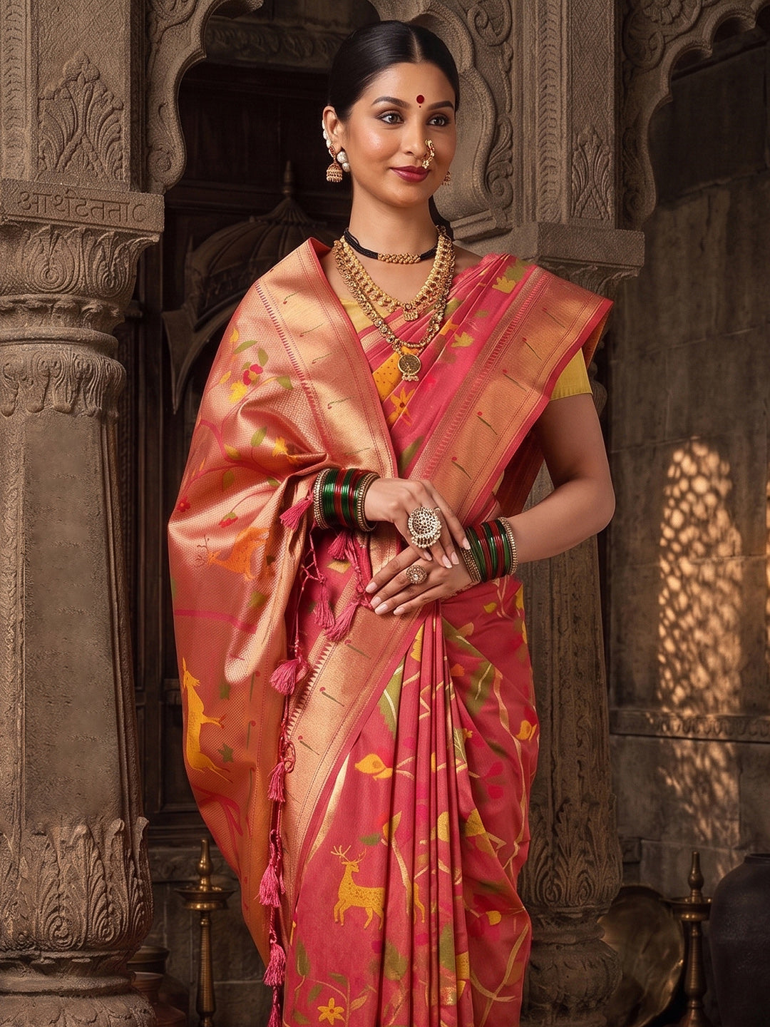 Peach Woven Design Dola Silk Saree
