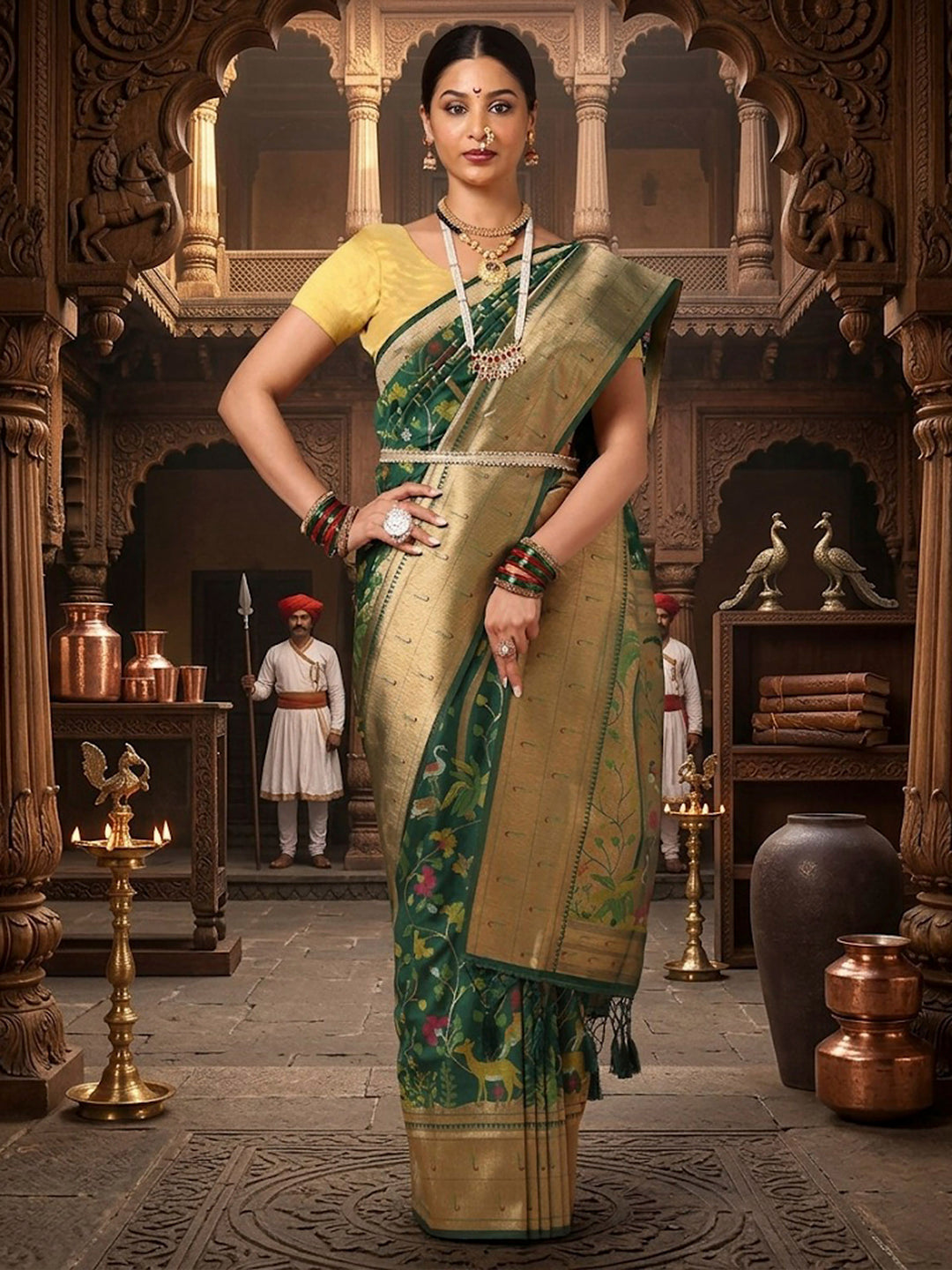 Dark Green Woven Design Dola Silk Saree
