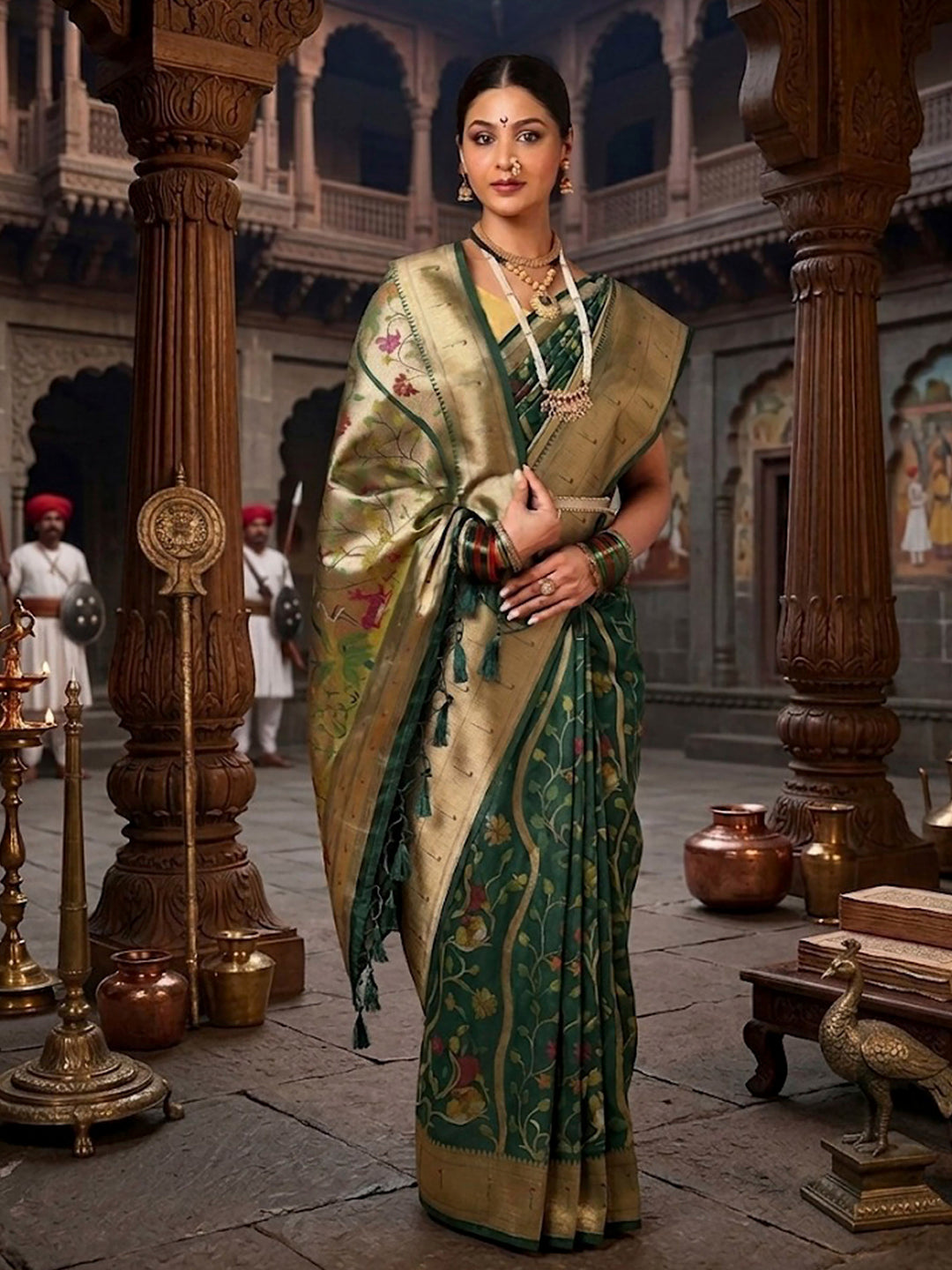 Dark Green Woven Design Dola Silk Saree