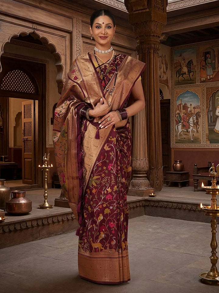 Wine Woven Design Dola Silk Saree