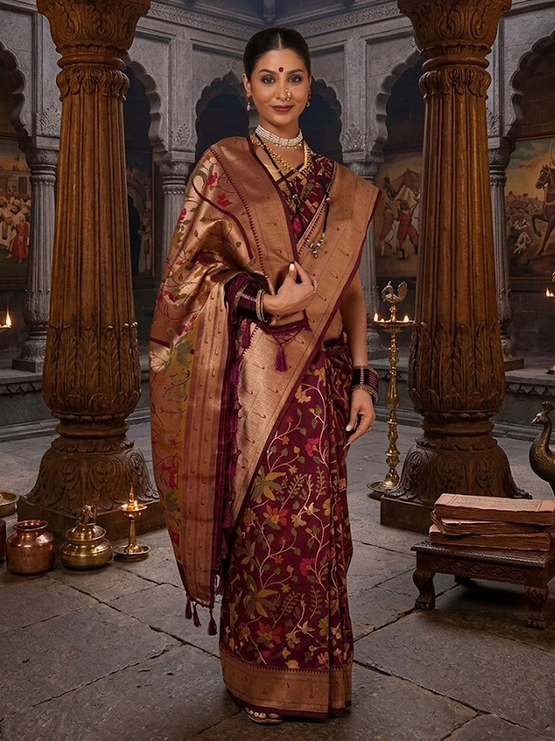 Wine Woven Design Dola Silk Saree