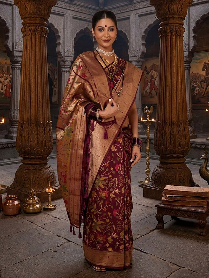 Wine Woven Design Dola Silk Saree