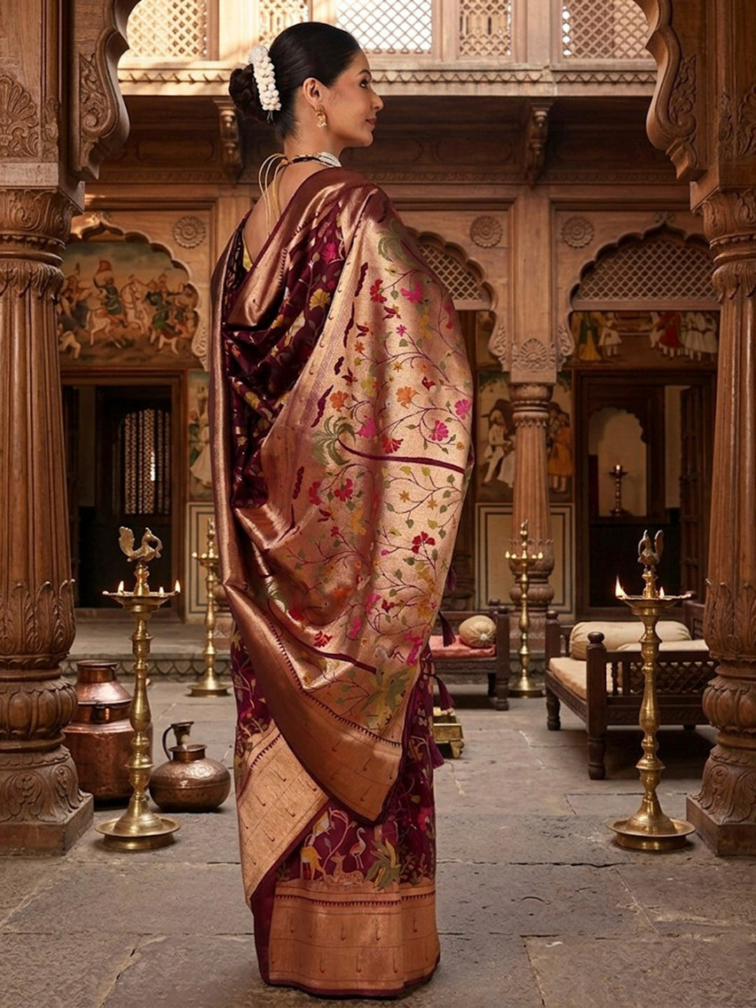 Wine Woven Design Dola Silk Saree